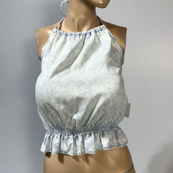 AMERICAN EAGLE Denim Chambray Halter Top High Neck Ruffle Peplum Tank Size M NWT - Picture 2 of 8